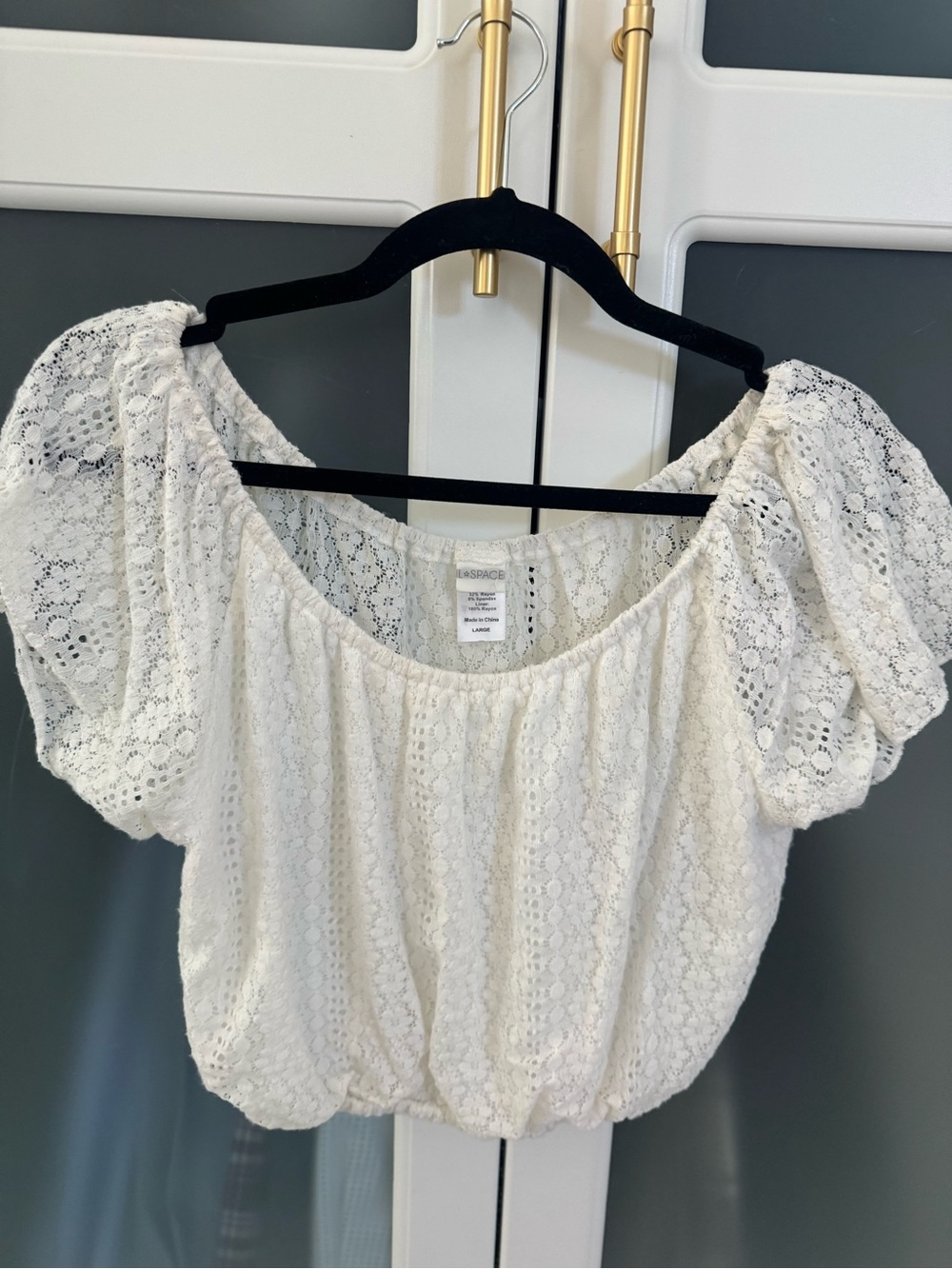 Lace Puff Sleeve Cropped Top - White - LSpace
